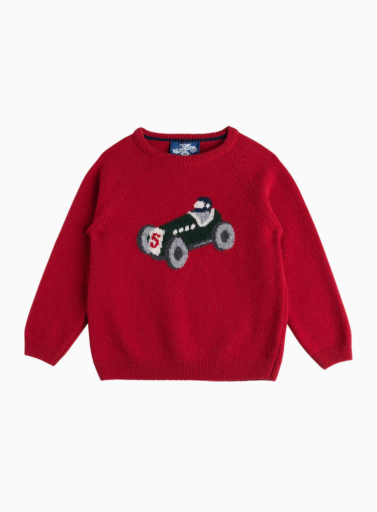 Boys Henry Vintage Car Wool Jumper in Red Trotters London