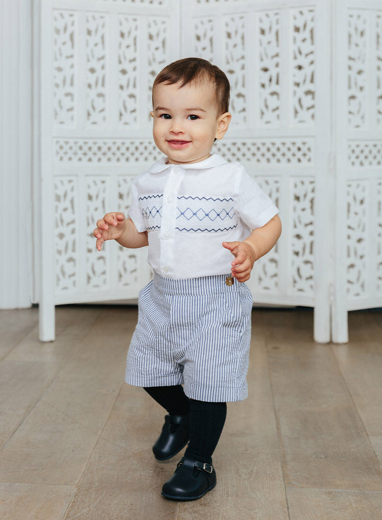 Trotters Heritage The Smocked Rupert Set in Navy/White