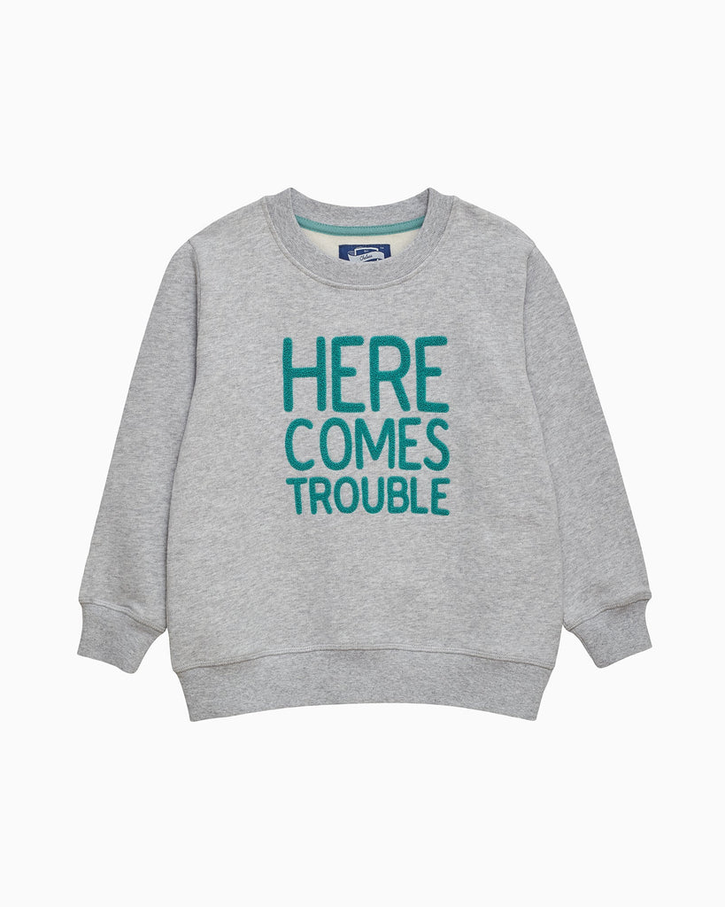 Chelsea Clothing Company Sweatshirt Here Comes Trouble Sweatshirt in Grey/Green