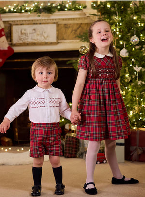 Trotters Heritage Set The Rupert Smocked Set in White/Red Tartan