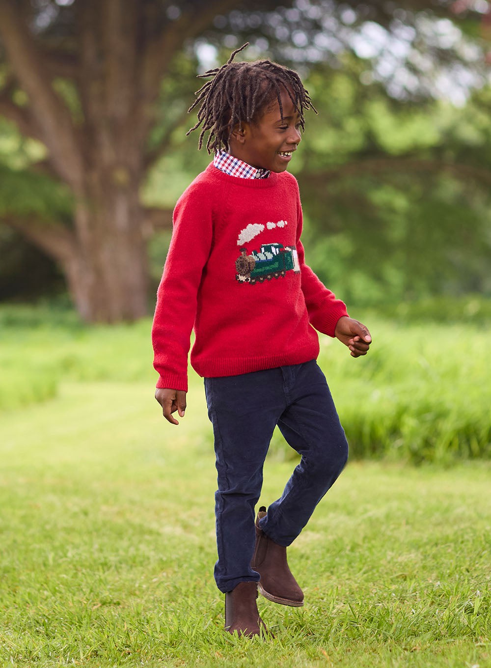 Boys Steam Train Jumper in Red Trotters London