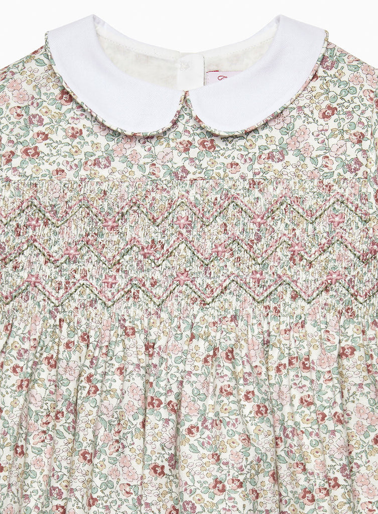 Girls Arabella Smocked Dress in Pink Floral | Trotters London