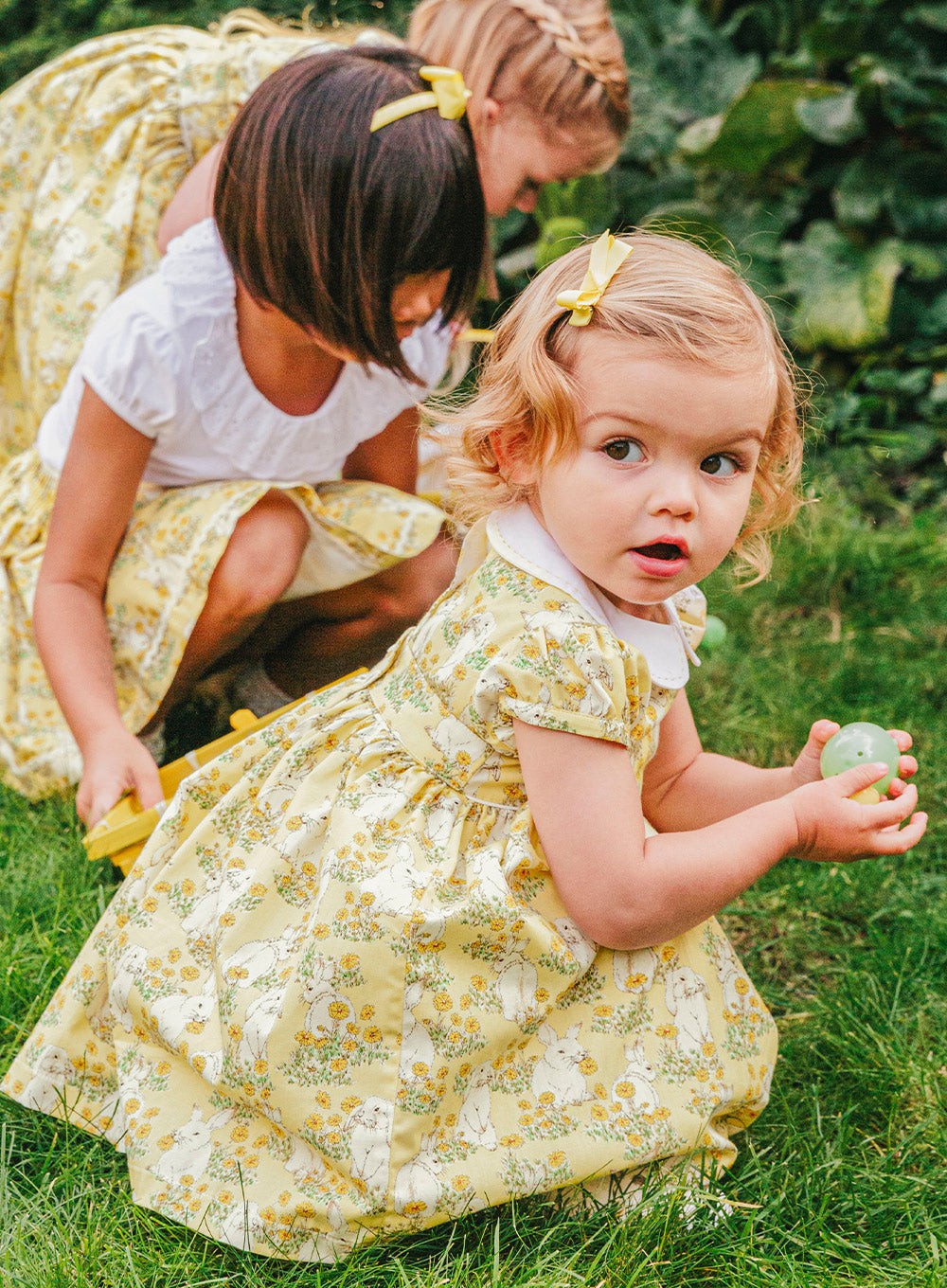 Rabbit Print 2024 Yellow Mustard Girls Dress Vintage Style Organic Cotton Quirky Illustrated Novelty Print