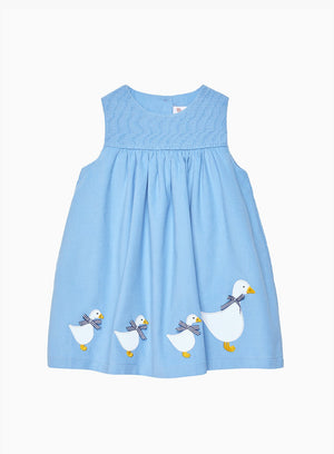 Confiture Dress Baby Duck Smocked Pinafore in Blue Cord