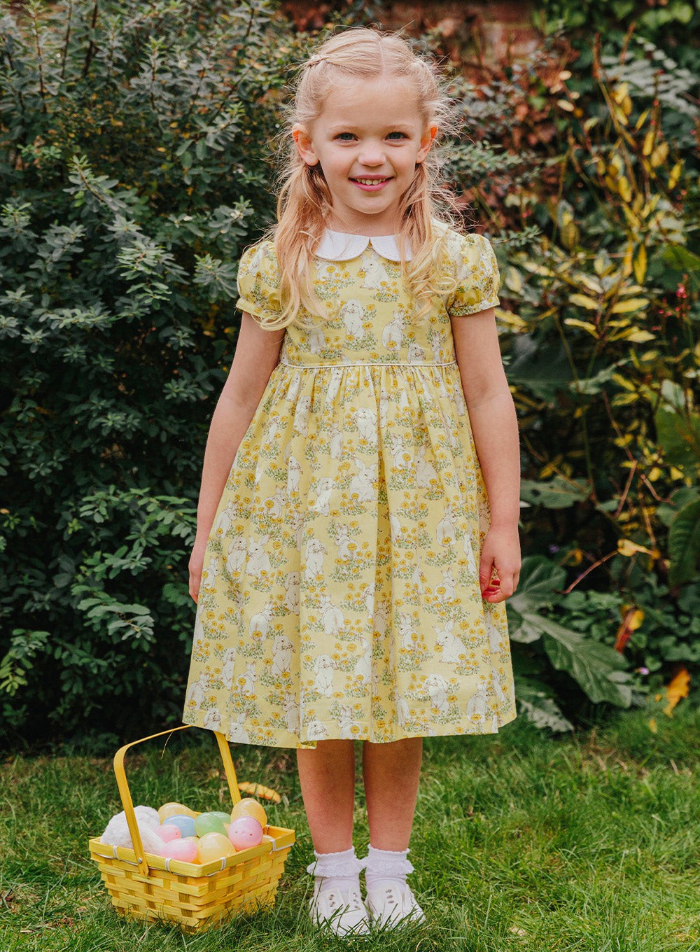 Rabbit Print 2024 Yellow Mustard Girls Dress Vintage Style Organic Cotton Quirky Illustrated Novelty Print