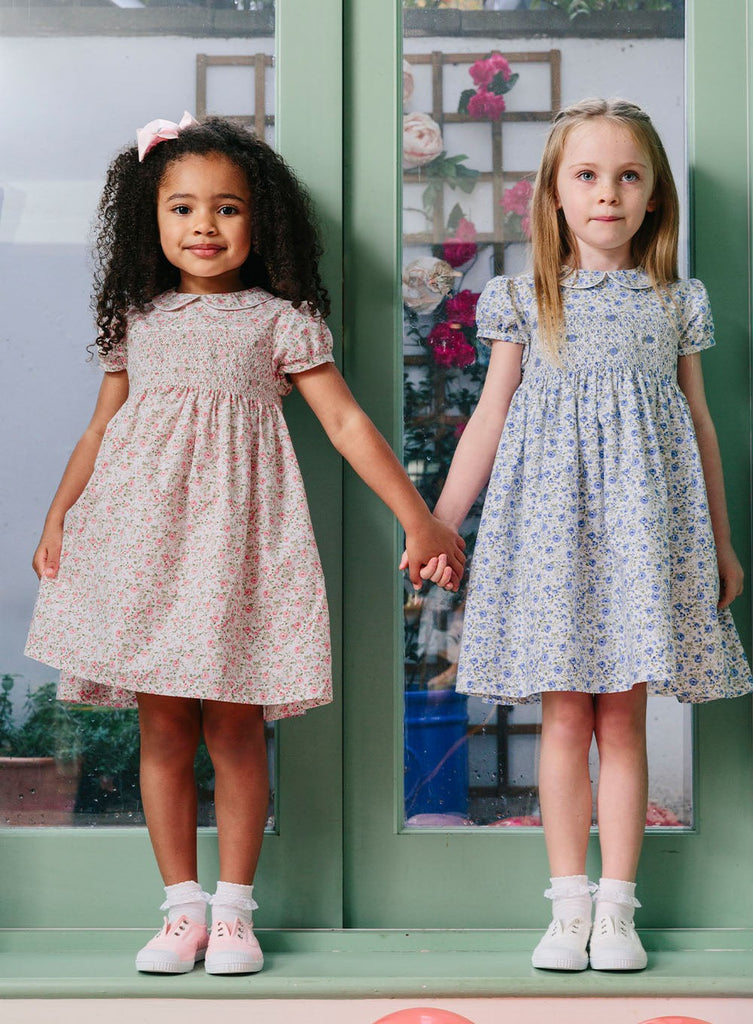 Girls Catherine Smocked Rose Dress in Blue Rose | Trotters London