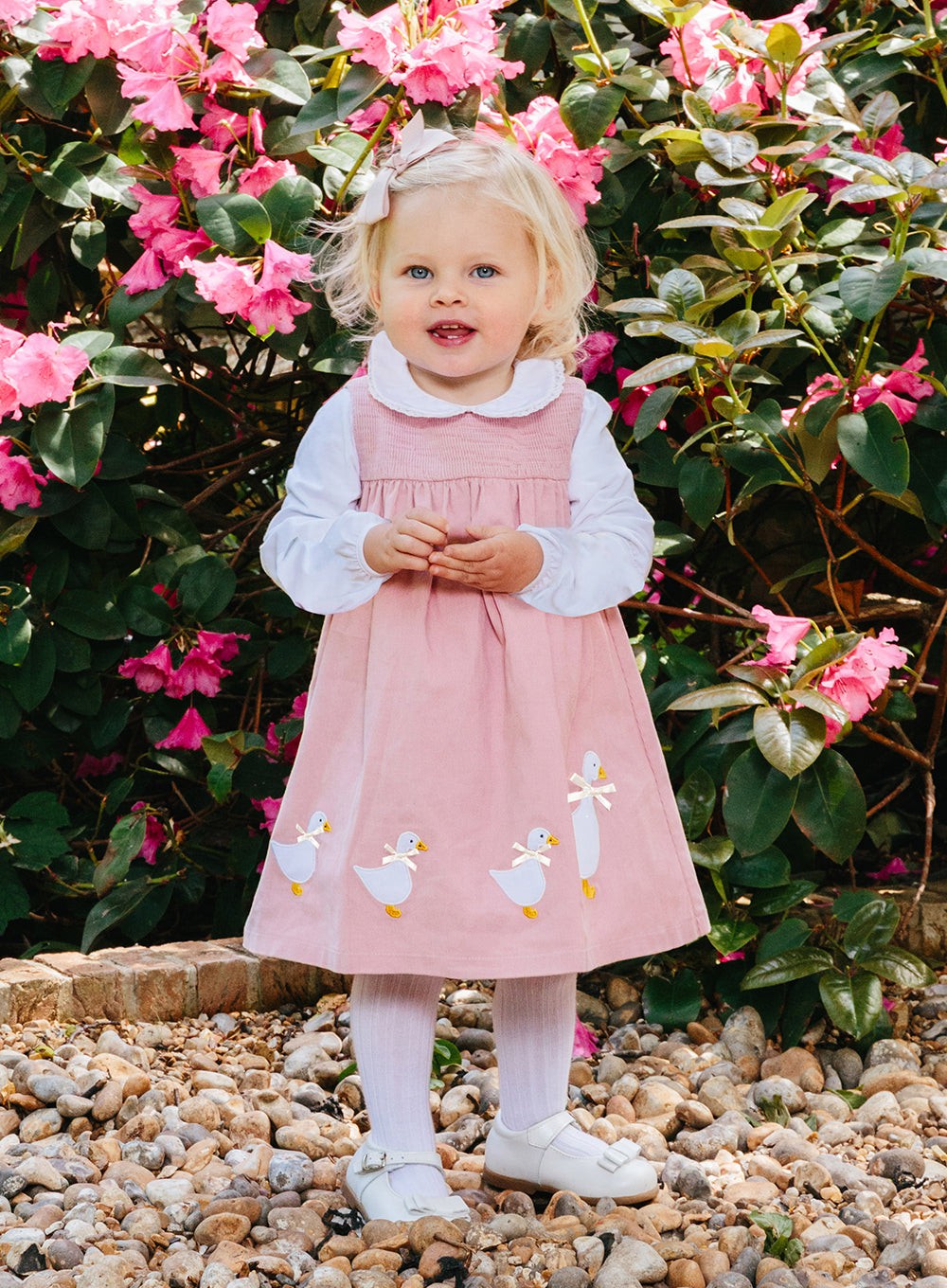 Baby Girls Little Duck Smocked Pinafore in Dusty Pink Trotters