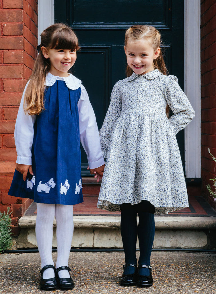 Girls Scottie Cord Pinafore in Navy Cord | Trotters Childrenswear