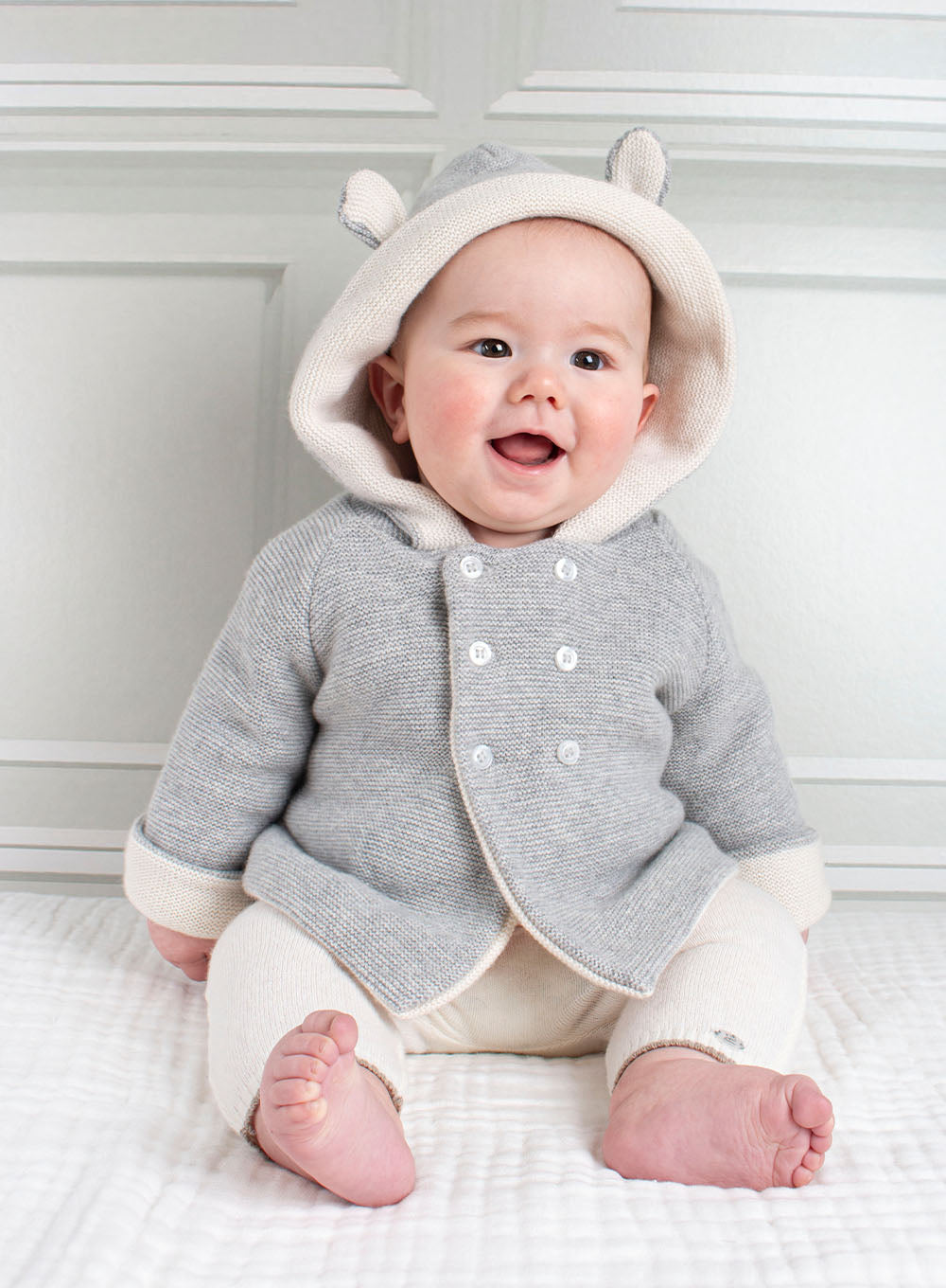Baby Knitted Teddy Bear Coat in Grey Marl | Trotters London