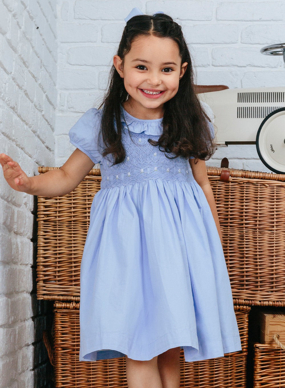 Girls Willow Rose Hand Smocked Dress in Cornflower Blue Trotters