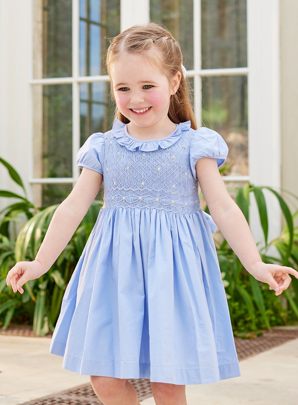 Girls Willow Rose Hand Smocked Dress in Cornflower Blue Trotters