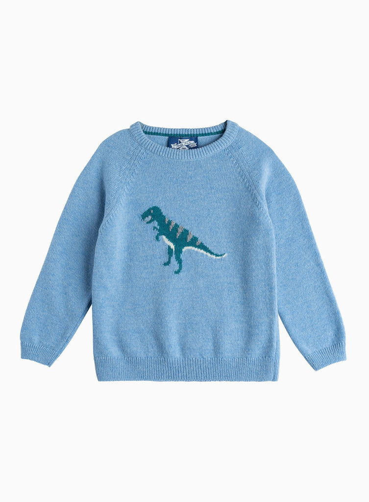 Boys Dominic Dinosaur Jumper in Blue | Trotters London