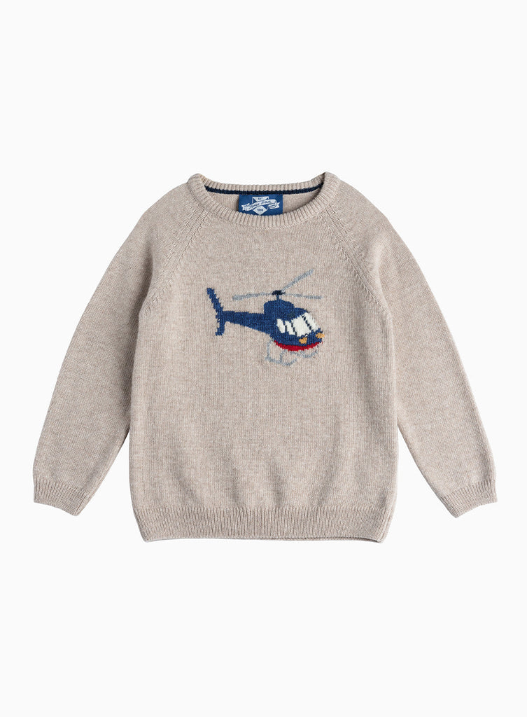 Boys Hugh Helicopter Jumper in Oatmeal | Trotters London