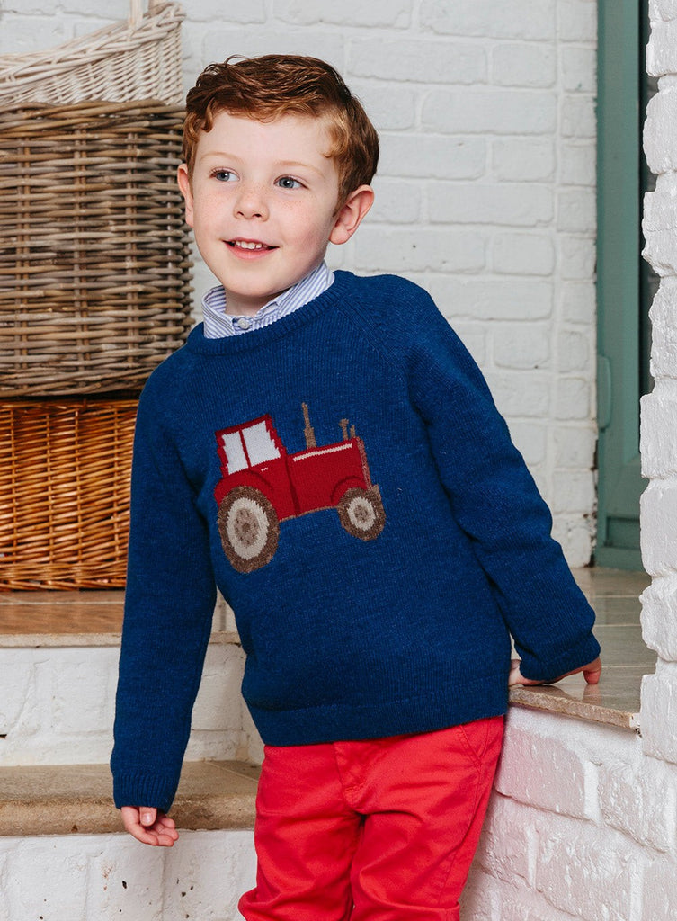 Thomas Brown Boys Tractor Jumper in Denim Blue Marl | Trotters London