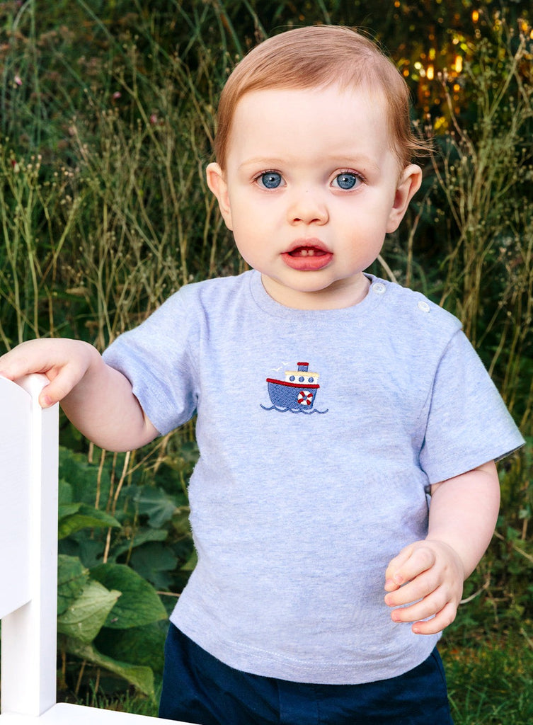 Baby Tugboat T-Shirt Pale Blue Marl | Trotters London