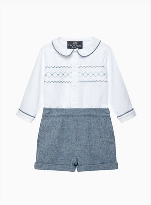 Trotters Heritage Set The Rupert Smocked Set in White/Blue Herringbone