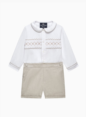 Trotters Heritage Set The Rupert Smocked Set in White/Oatmeal Flannel