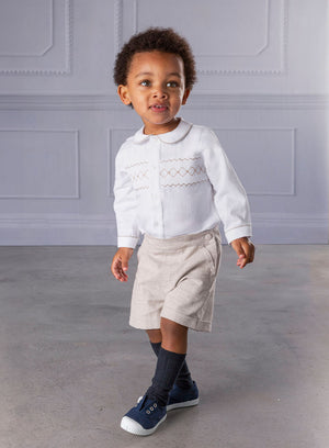 Trotters Heritage Set The Rupert Smocked Set in White/Oatmeal Flannel