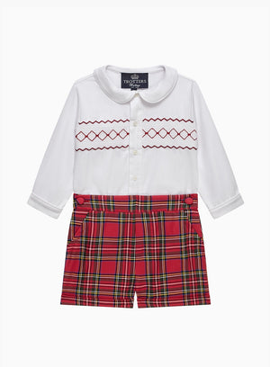 Trotters Heritage Set The Rupert Smocked Set in White/Red Tartan