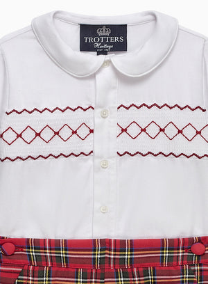 Trotters Heritage Set The Rupert Smocked Set in White/Red Tartan