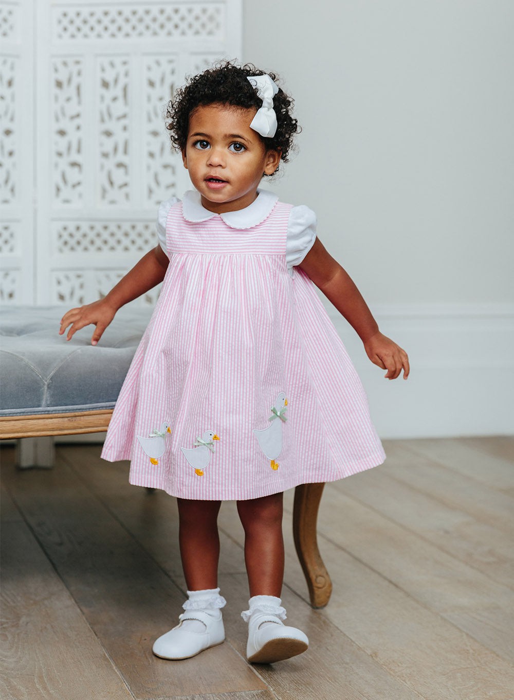 Confiture Baby Duck Striped Pinafore in Bright Pink Stripe