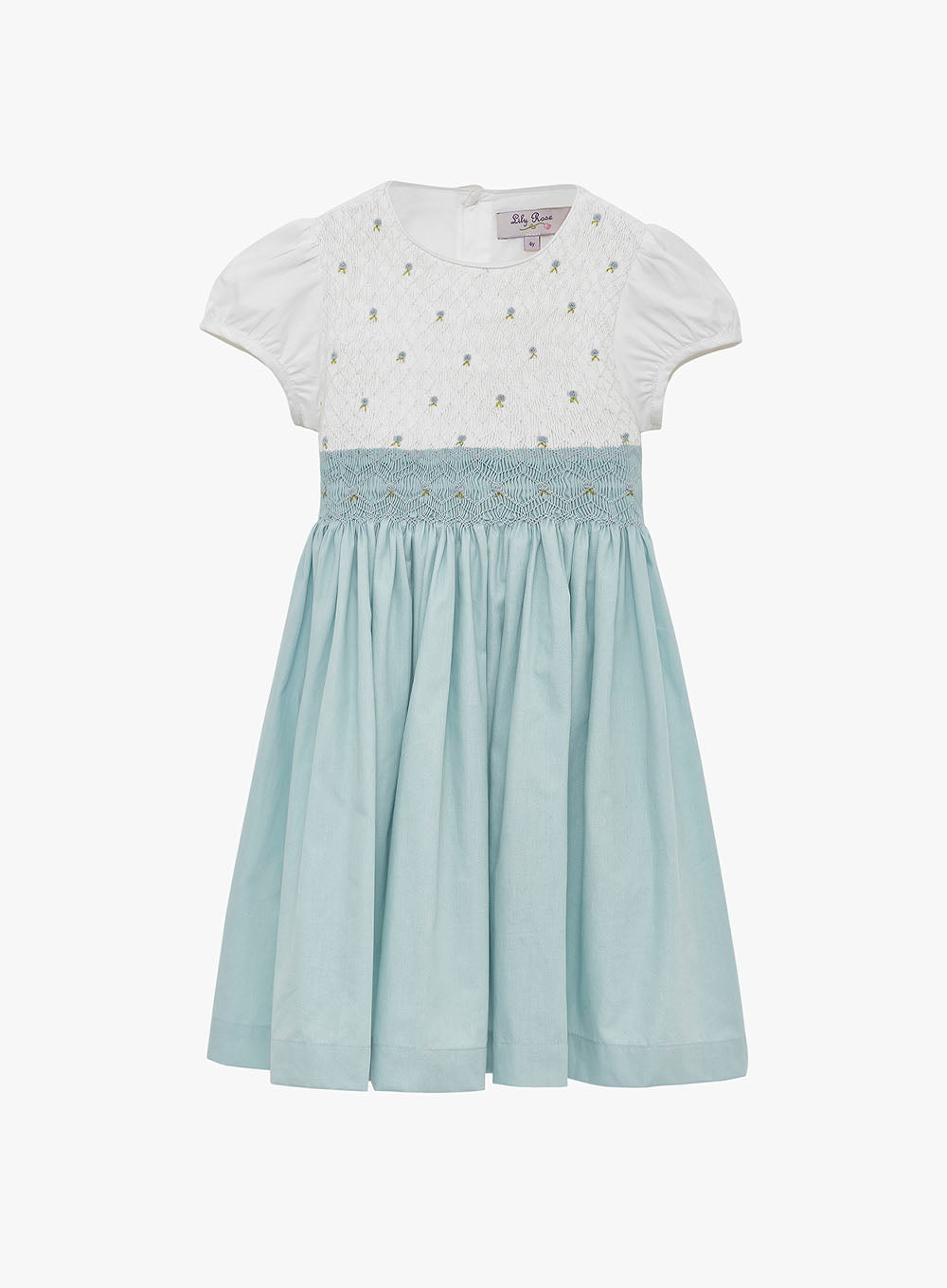 Girls Rose Hand Smocked Dress in Sea Blue Trotters